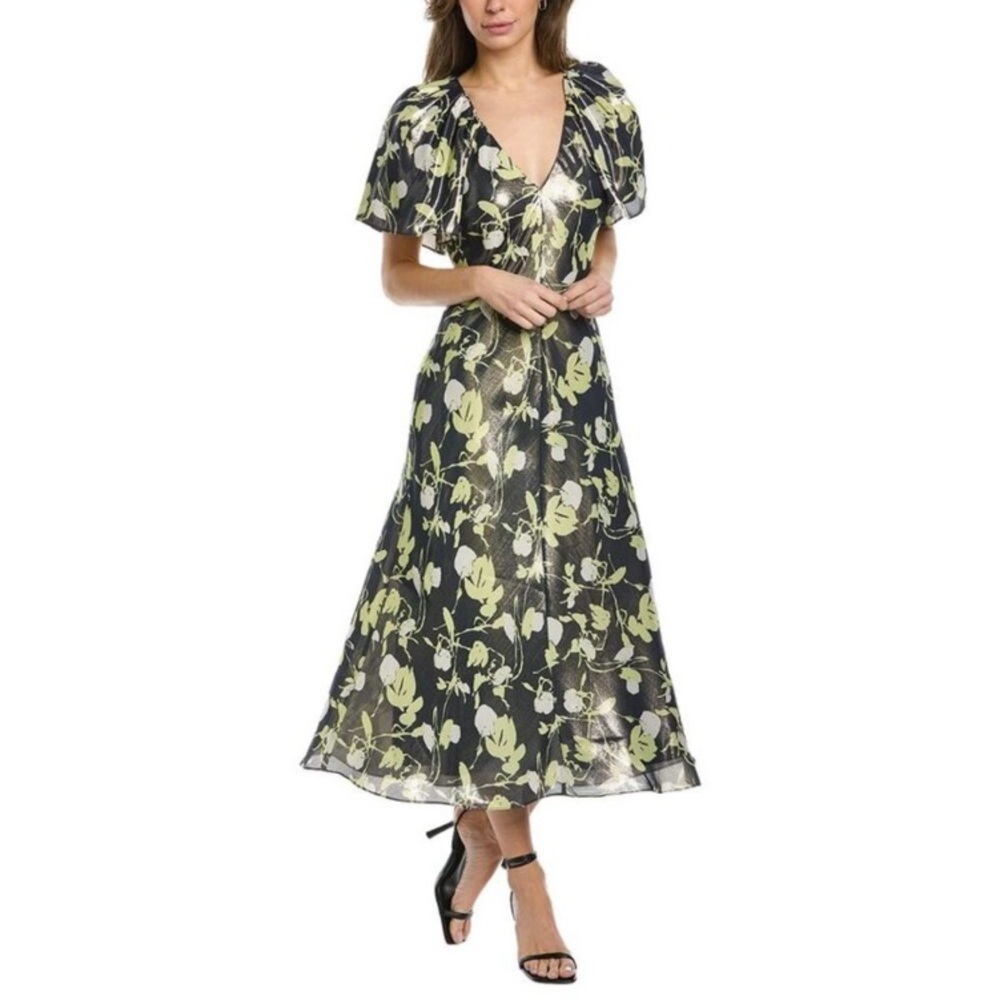NWT Tanya Taylor Tuckernuck Evette Metallic Midi Dress in Maritime Blue, Size 6